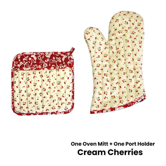 Set of 100% Cotton Printed Oven Mitt + Pot Holder Cream Cherries