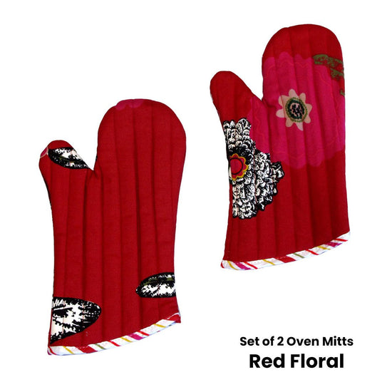 Set of 2 100% Cotton Printed Oven Mitts 34 x 15 cm Red Floral