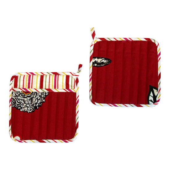 Set of 2 100% Cotton Printed Pot Holders 22 x 22 cm Red Floral