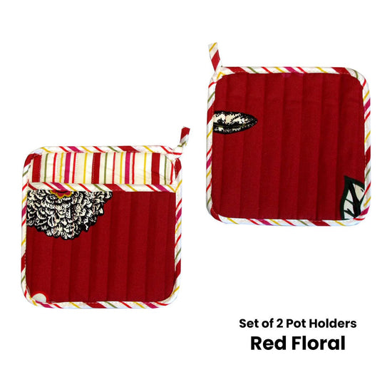 Set of 2 100% Cotton Printed Pot Holders 22 x 22 cm Red Floral