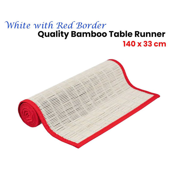 White with Red Border Bamboo Table Runner 140 x 33cm