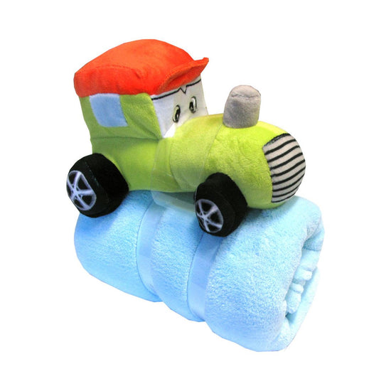 Baby Blue Blanket with Toy Tractor