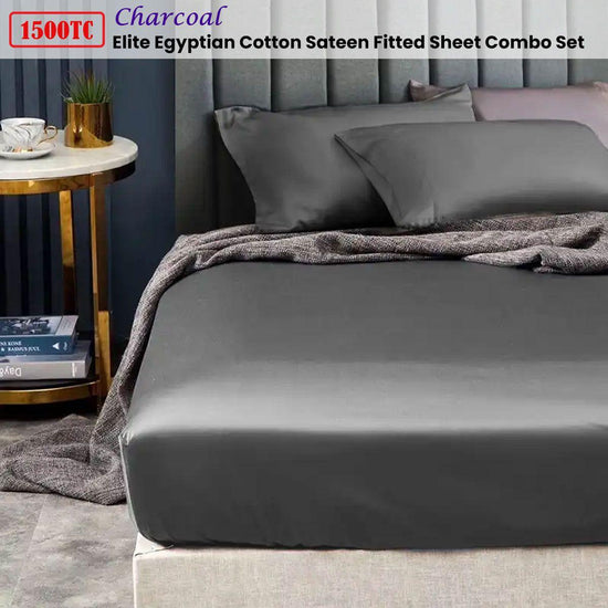 Ramesses 1500TC Elite Egyptian Cotton Sateen Fitted Sheet Combo Set Charcoal King Single