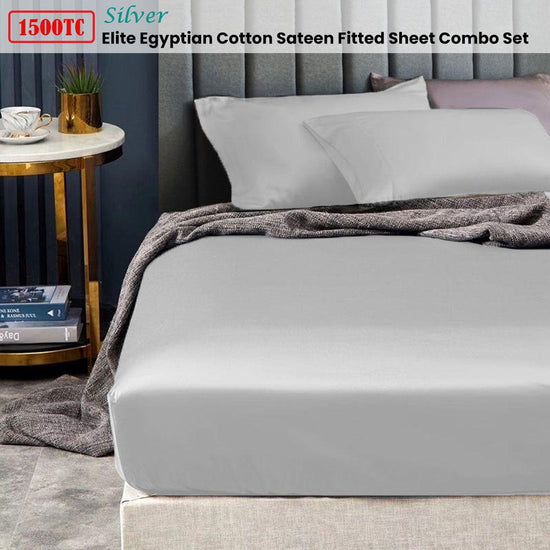 Ramesses 1500TC Elite Egyptian Cotton Sateen Fitted Sheet Combo Set Silver King Single