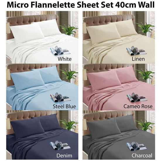 Kingtex Micro Flannelette Sheet Set 40 cm Wall Denim Double