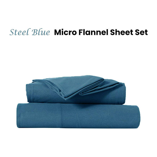 Kingtex Ultra-Soft Micro Flannel Sheet Set 40 cm Wall Steel Blue King Single