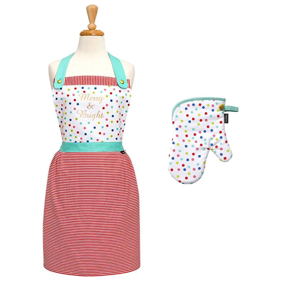 Ladelle Set of 2 Merry And Bright Christmas Oven Mitt & Apron Kitchen Set