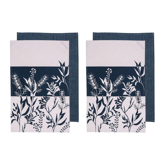 Ladelle Set of 4 Homespun Flower Cotton Kitchen Tea Towels 50 x 70 cm Denim