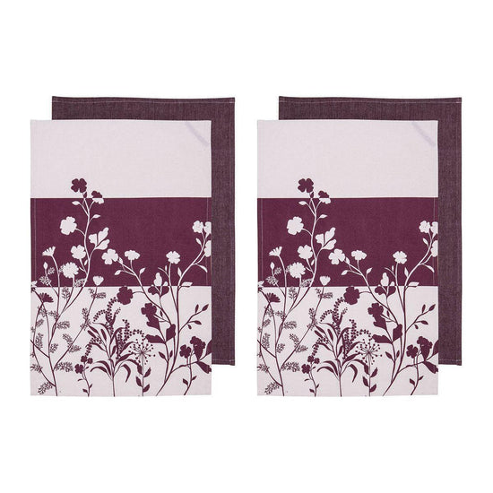 Ladelle Set of 4 Homespun Flower Cotton Kitchen Tea Towels 50 x 70 cm Mulberry
