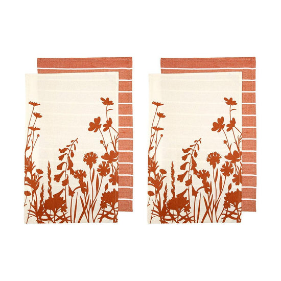 Ladelle Set of 4 Sanctuary Floral Cotton Kitchen Tea Towels 50 x 70 cm Terracotta