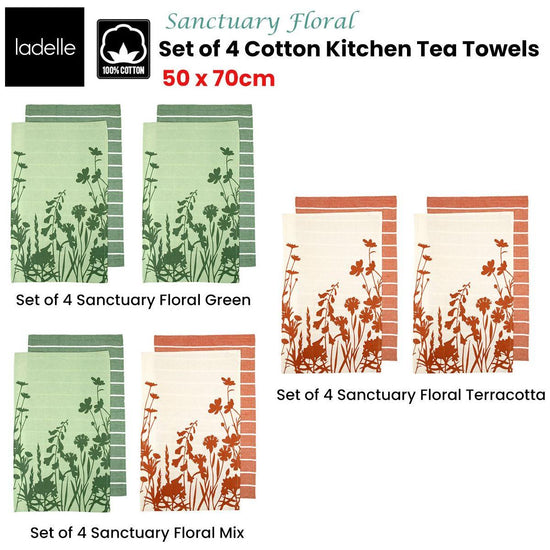 Ladelle Set of 4 Sanctuary Floral Cotton Kitchen Tea Towels 50 x 70 cm Terracotta