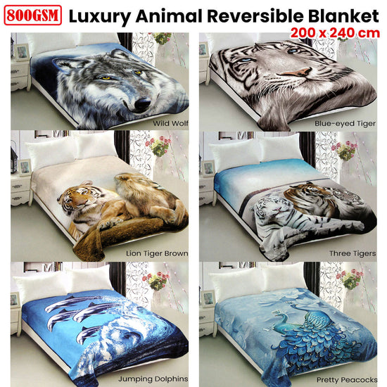 800GSM Luxury Reversible Animal Pattern Mink Blanket Queen 200 x 240 cm Three Tigers Blue