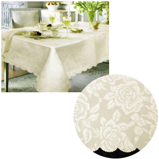 Jacquard Damask Design with Scalloped Edging Table Cloth Cream 140 x 180 cm