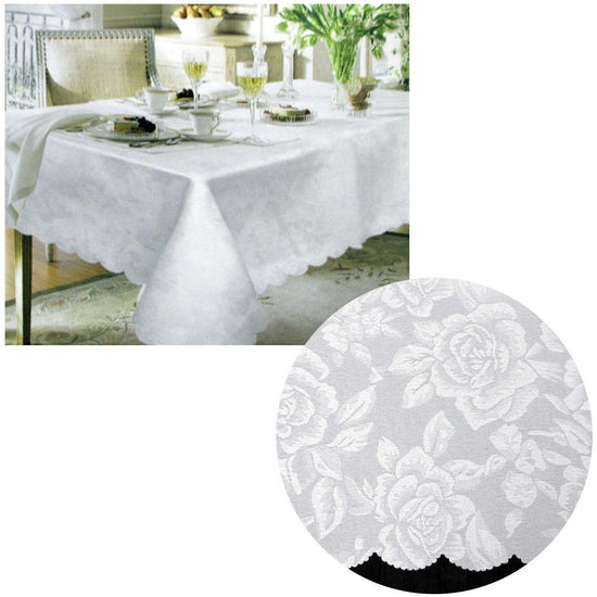 Jacquard Damask Design with Scalloped Edging Table Cloth White 140 x 180 cm