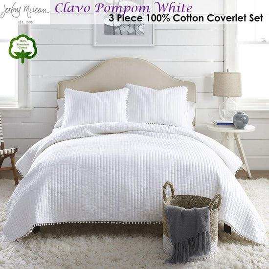 Jenny Mclean Clavo Pompom White 3 Piece 100% Cotton Coverlet Set Queen