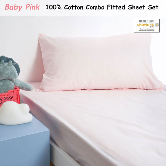 Minikins Junior Cotton Combo Fitted Sheet Set Baby Pink King Single