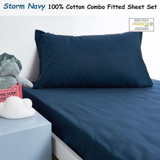 Minikins Junior Cotton Combo Fitted Sheet Set Storm Navy Single