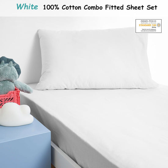 Minikins Junior Cotton Combo Fitted Sheet Set White Single