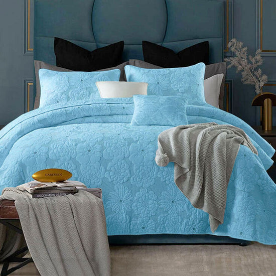 Cotton Rich Lightly Quilted Coverlet Set Floriade Aqua Queen