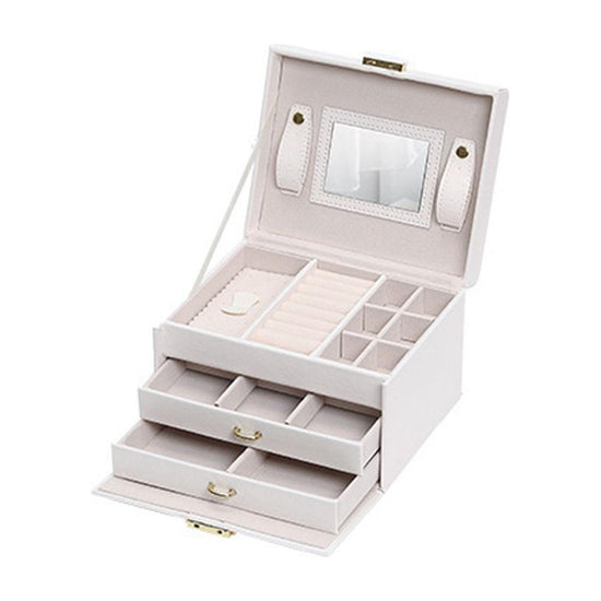 Jewellery Box With Mirror Double Drawers Organizer Storage Lock Case(White)