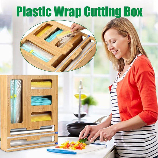 Bamboo Kitchen Storage Box for Plastic Wrap Tin Foil Paper Cutter with Lid