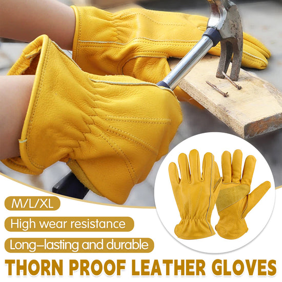 Golden Yellow Cowhide Work Gloves Full Finger Gardening DIY Home Maintenance Use - L
