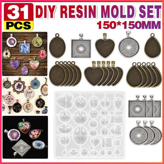 31 Pcs DIY Resin Casting Mould and Pendant Tray Kit for Jewellery Making