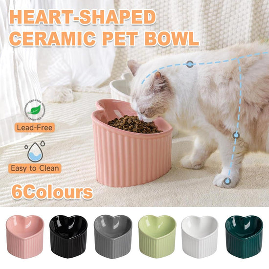 Love Shape Slanted Cat Bowl Ceramic Pet Bowl for Cats Food Water Feeding Dish - Black