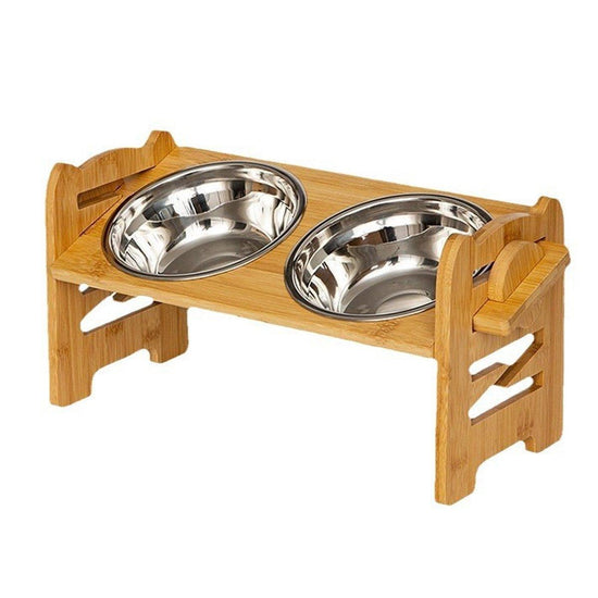 Wood Adjustable Elevated Raised Pet Dog Feeder Stainless Steel Bowl Water Stand