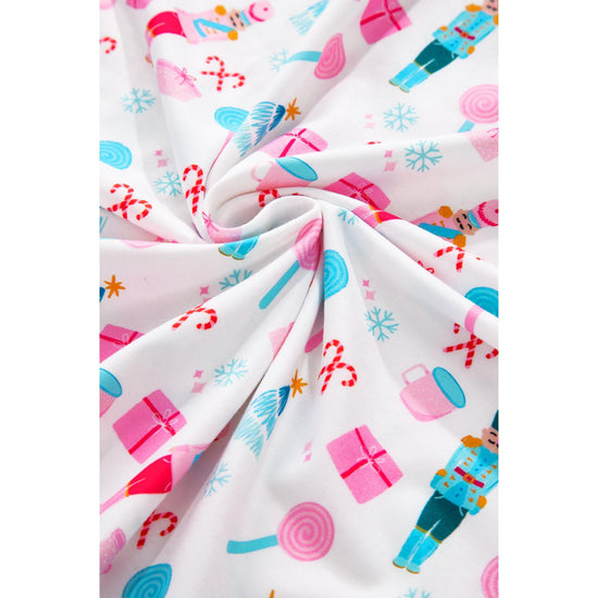 White Christmas Pattern Long Sleeve Top and Wide Leg Pants Set - XL