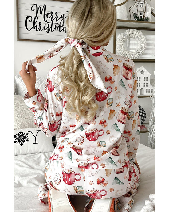 White Christmas Pattern Long Sleeve Shirt and Pants Pajama Set - L