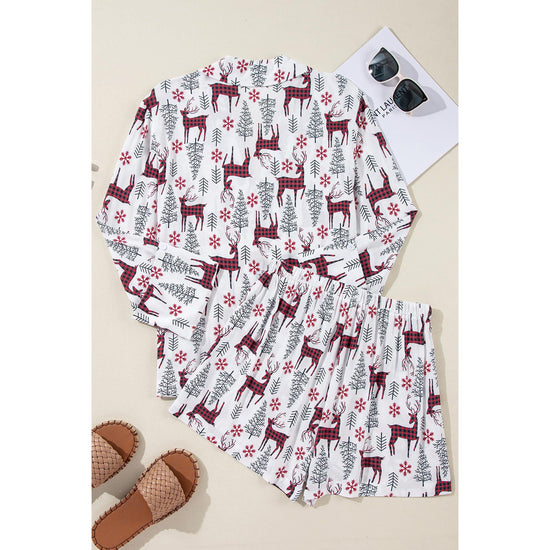 White Christmas Deer Printed Shirt and Shorts Lounge Set - S