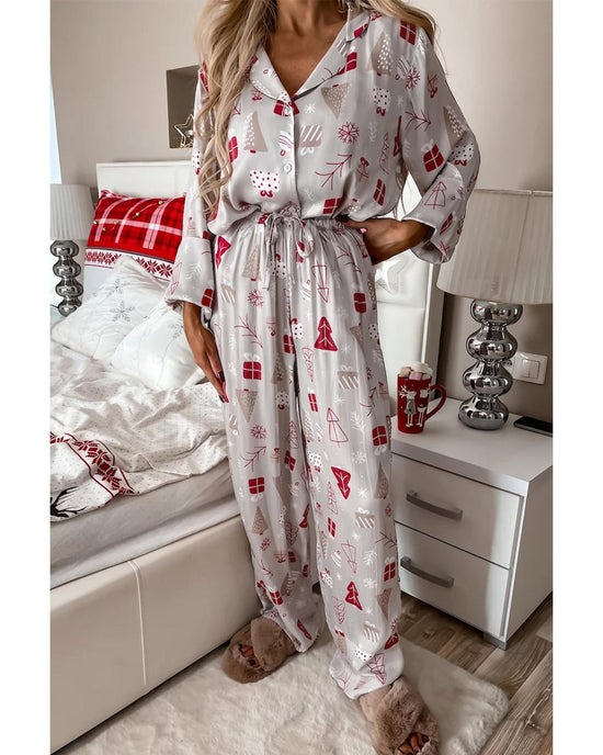 Light Grey Christmas Printed Shirt and Pants Pajama Set - S