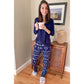 Blue Solid Top and Christmas Pants Two Piece Lounge Set - M