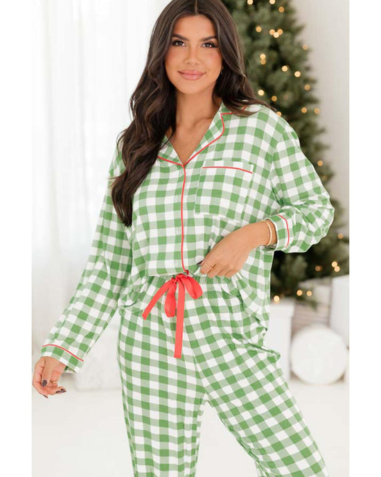 Light Green Christmas Plaid Print Shirt and Pants Pajama Set - XL