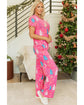 Rose Christmas Tree Print V Neck Tee and Pants Lounge Set - M