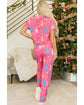 Rose Christmas Tree Print V Neck Tee and Pants Lounge Set - S