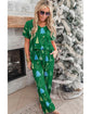 Green Christmas Tree Print V Neck Tee and Pants Lounge Set - L