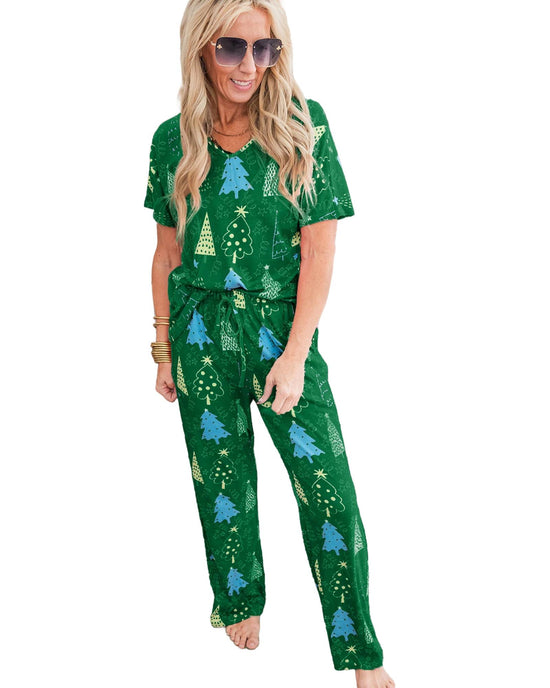 Green Christmas Tree Print V Neck Tee and Pants Lounge Set - XL