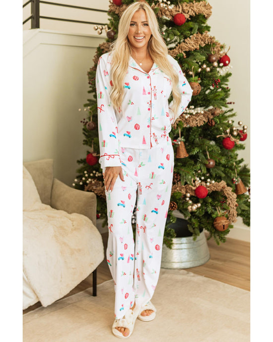 White Christmas Print Lapel Shirt and Pants Sleepwear - L