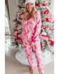 Pink Christmas Tree Print V Neck Buttoned Pullover and Drawstring Pants Lounge Set - M