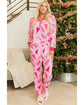 Pink Christmas Tree Print V Neck Buttoned Pullover and Drawstring Pants Lounge Set - M