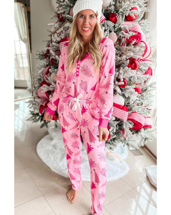 Pink Christmas Tree Print V Neck Buttoned Pullover and Drawstring Pants Lounge Set - S