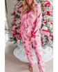 Pink Christmas Tree Print V Neck Buttoned Pullover and Drawstring Pants Lounge Set - S