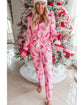 Pink Christmas Tree Print V Neck Buttoned Pullover and Drawstring Pants Lounge Set - XL