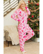 Pink Christmas Tree Print V Neck Buttoned Pullover and Drawstring Pants Lounge Set - XL