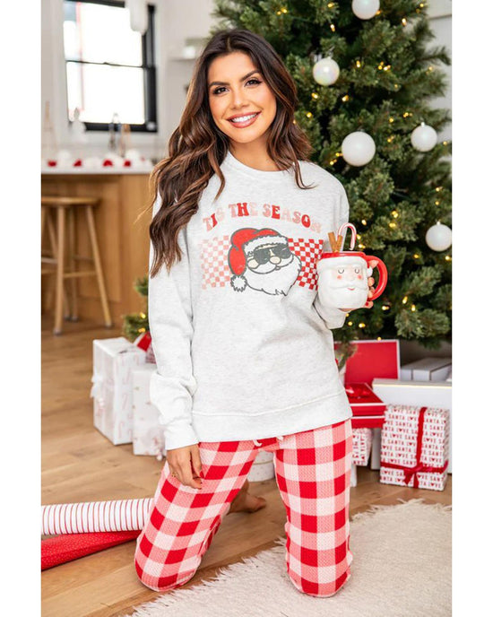 Multicolor Christmas Claus Graphic Top Plaid Pants Lounge Set - L