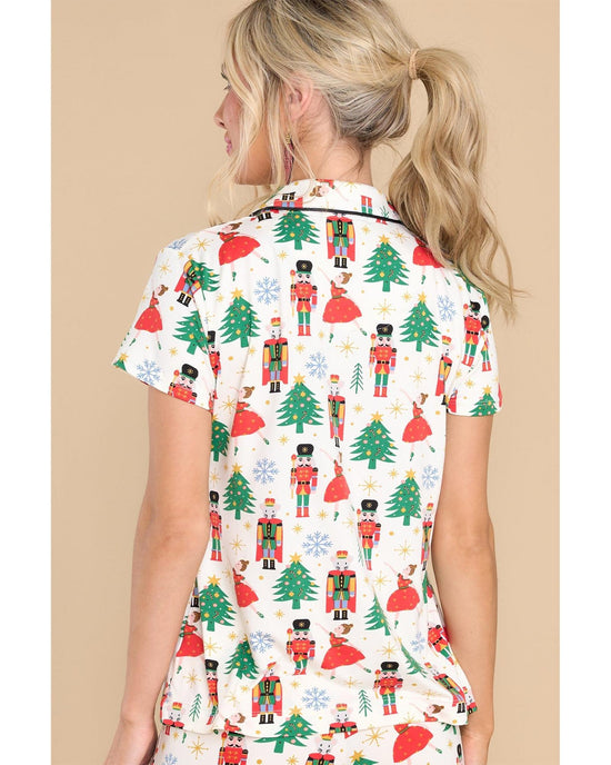 White Printed Christmas Pattern Buttoned Two Piece Sleepwear - M