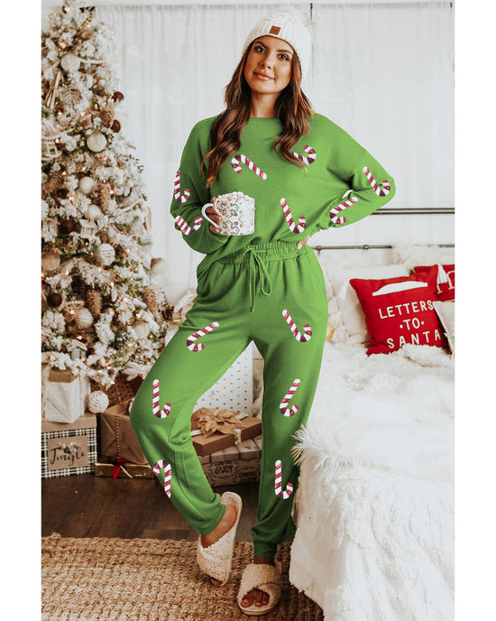 Spinach Green Sequined Christmas Cane Pattern Lounge Sweatsuit - L