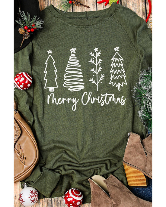 Green Merry Christmas Trees Thumbhole Sleeve Graphic Tee - S